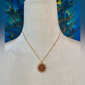 AUTH CHANEL Button Pendant on 14k Plate 16” Chain w/pouch